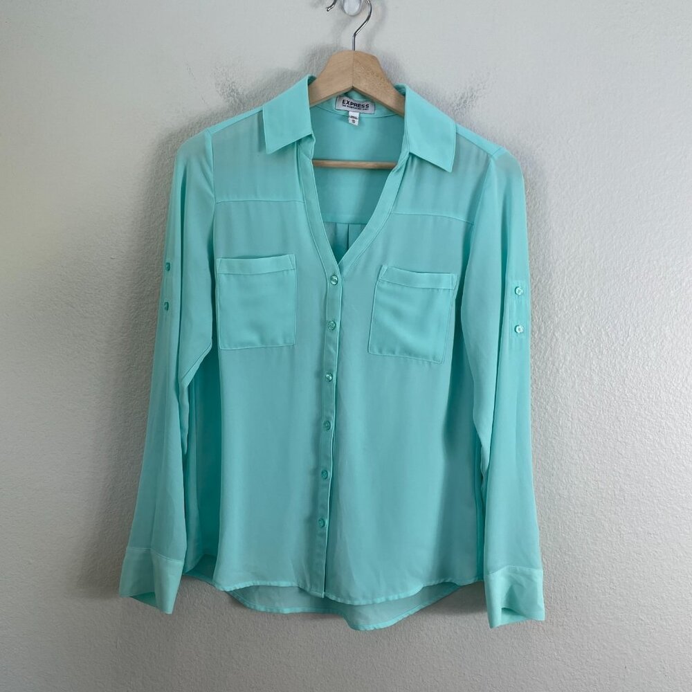 Expressโ Portofino Shirt Womens XS Aqua Button Up Blouse Top Roll Tab Sleeve